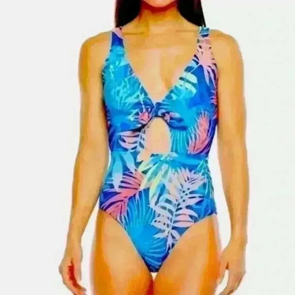 Peyton & Parker blue colorful palm frawn floral print one piece sz xxl 20/22 - Picture 1 of 9